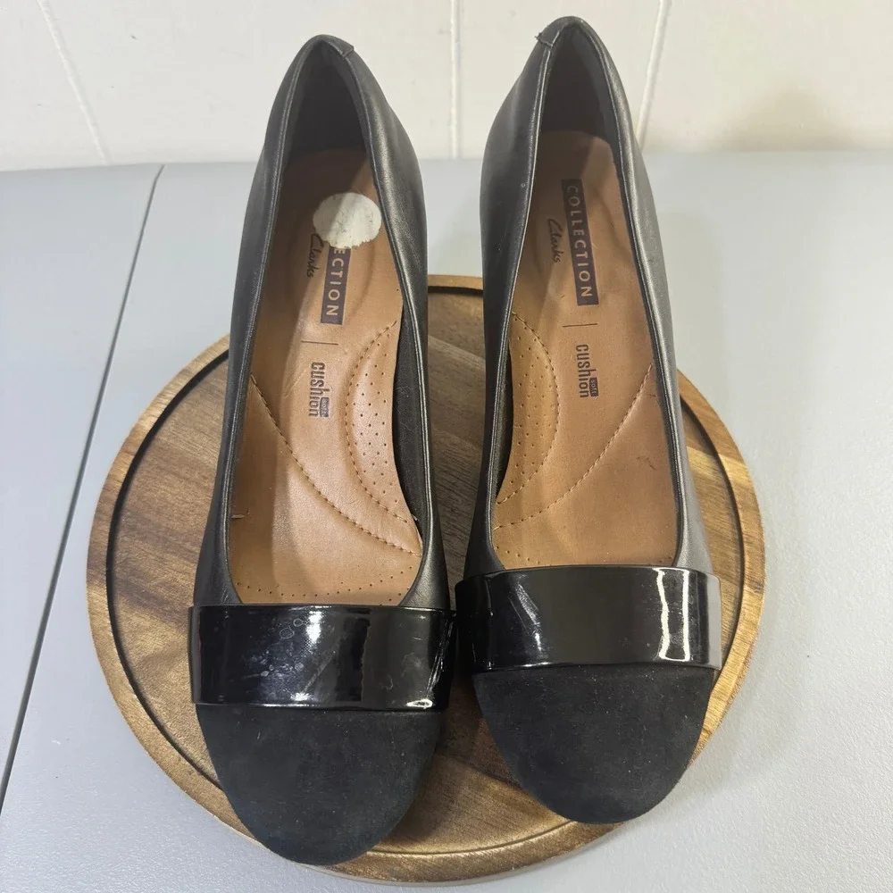 Clarks Collection Womens Black Leather Suede Block Heel Pumps Shoes US 8